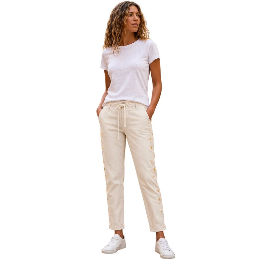 DRIFTWOOD Women's Embroidered Casual Pants Large Beige Floral NWT